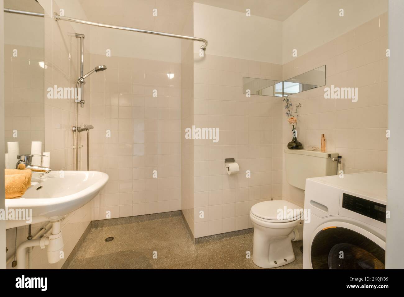 Flush toilet and shower cabin located near sink and washer machine in