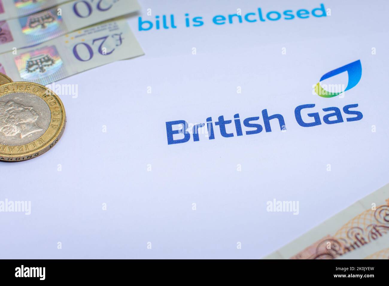 A British Gas bill with UK currency. Cost of living and inflation with increasing prices is affecting many people. Stock Photo