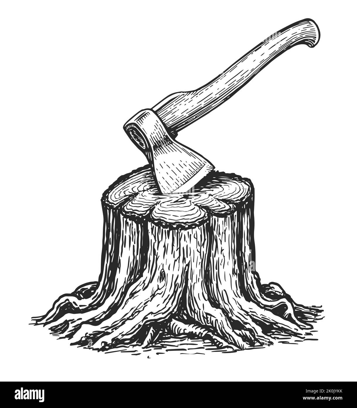 Stump with stuck ax sketch. Cutting wood and logging. woodcutter tool for chopping wood. Carpentry, natural lumber Stock Vector