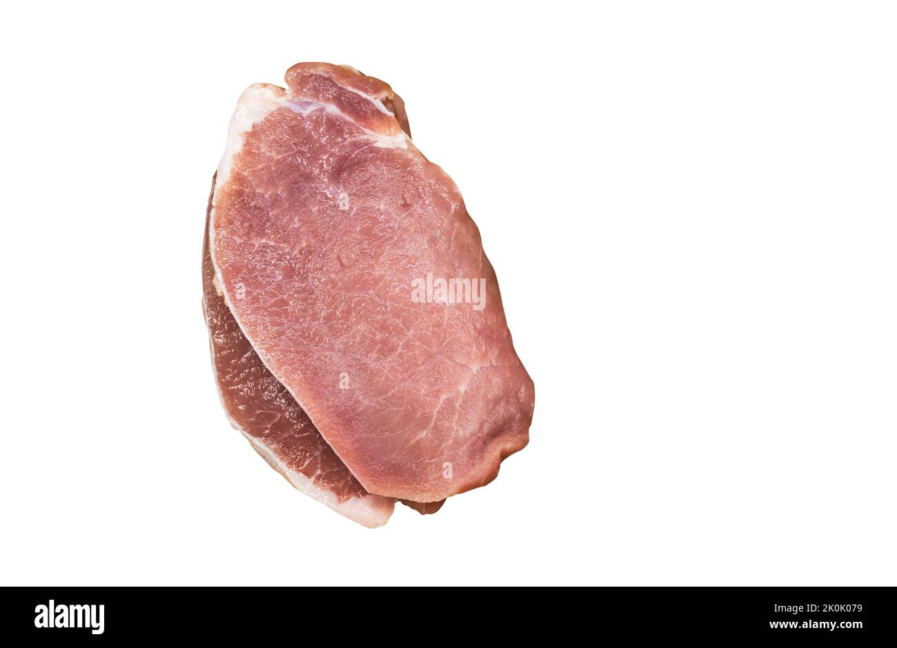 Isolated top view of two fresh pork fillets on white background. Flat lay fresh pork loin steak. Stock Photo