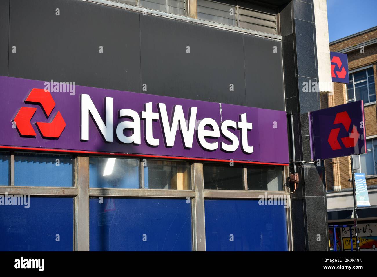 Exterior of a Natwest high street bank with its company logo Stock