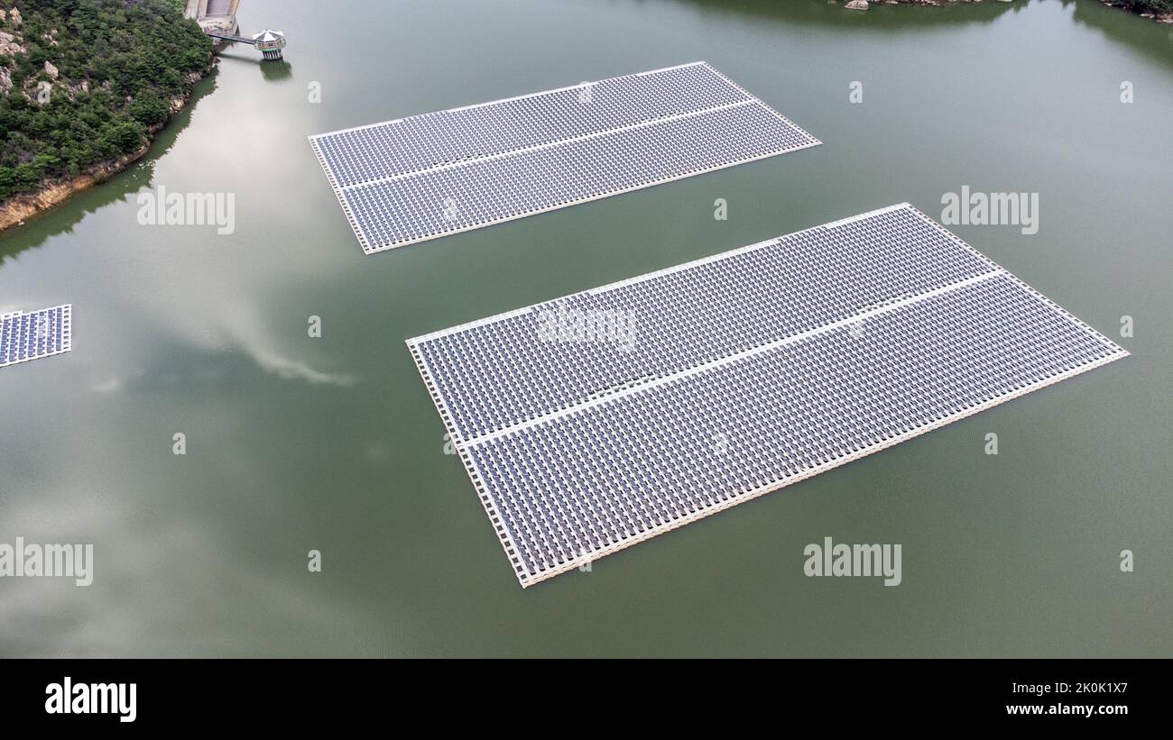 Floating solar panels on a reservoir in Gangwon-do Province, South Korea Stock Photo