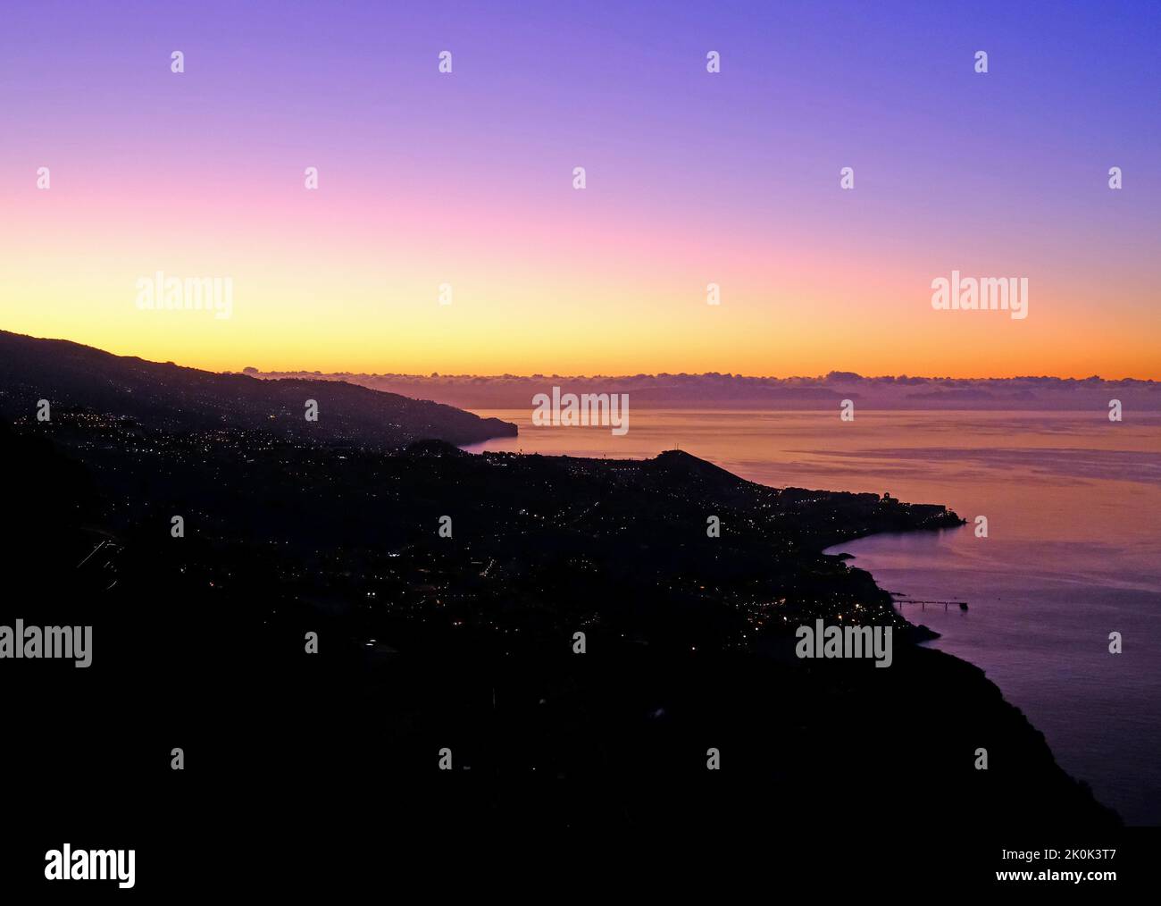 Distant dawn view  of Funchal at Sunrise, Madeira. Portugal Stock Photo