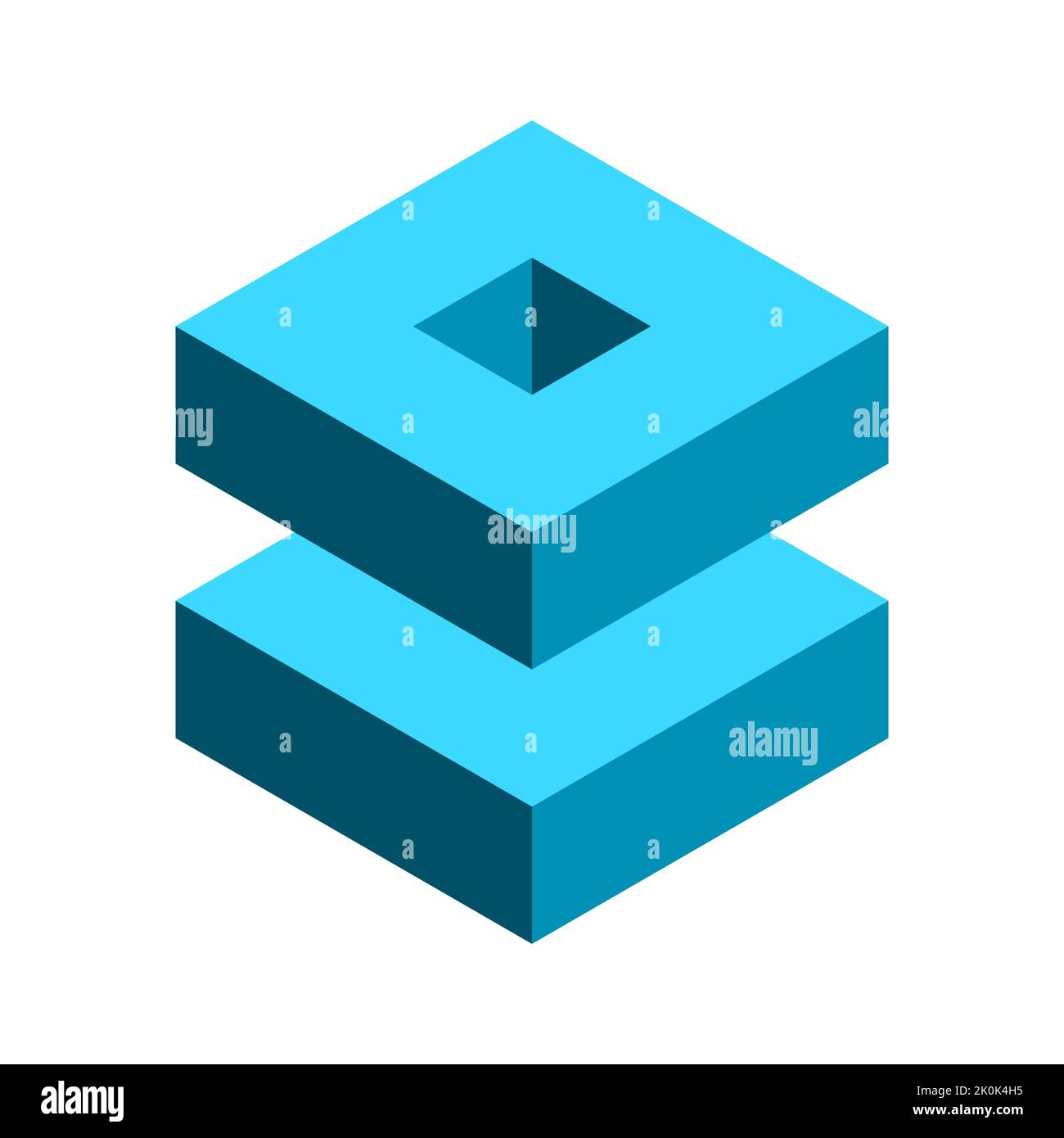 Blue 3D cube with two elements. Geometric hexagon shape. Building with two floors and window at the roof. Isometric block object with two parts.Vector Stock Vector