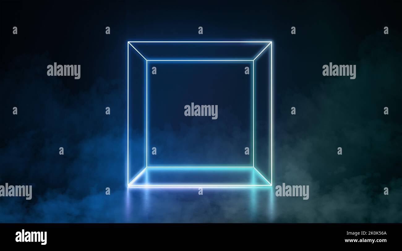 Blue neon glowing box stand in darkness with fog effect Stock Photo