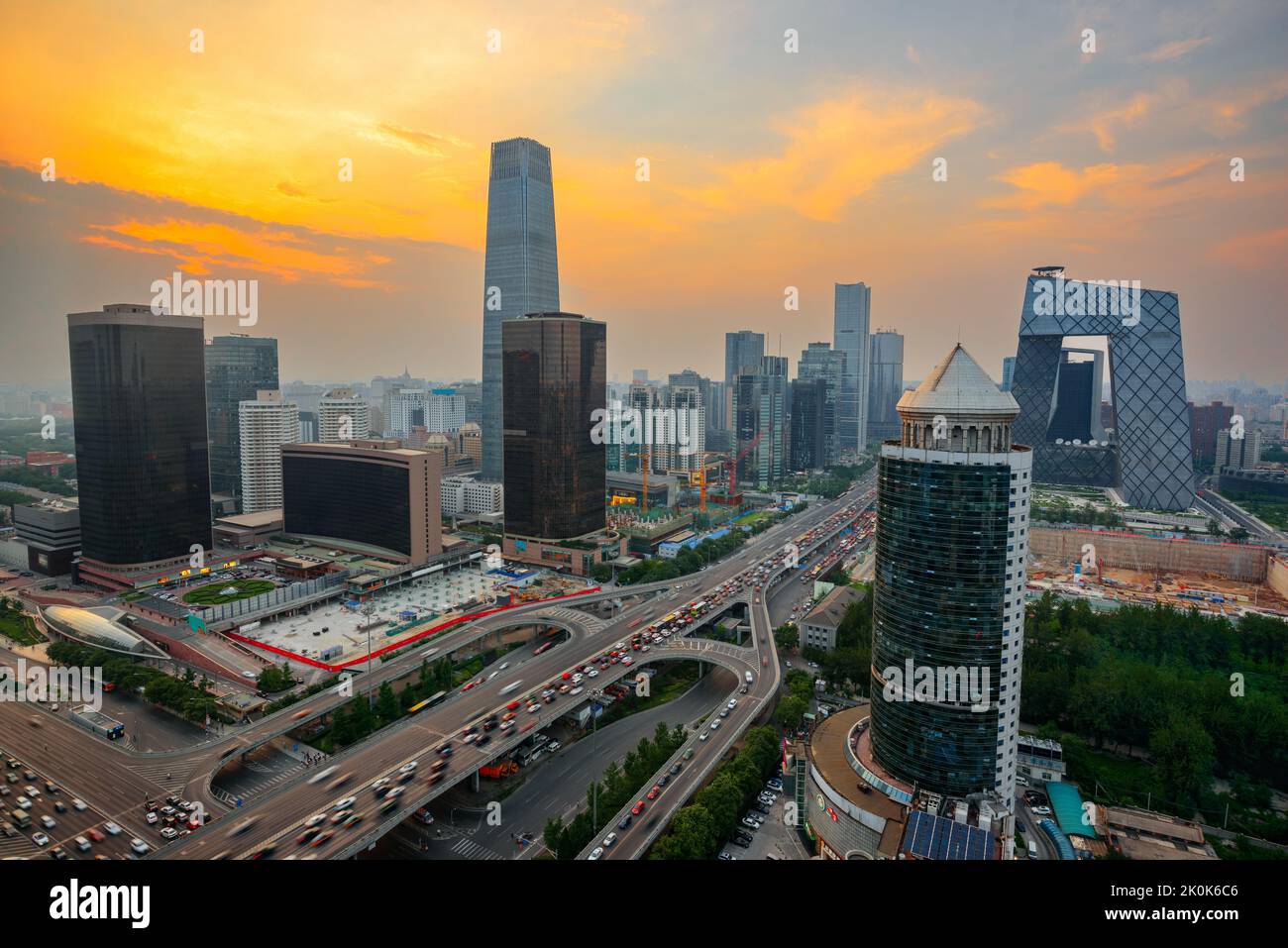 Beijing, China overlooking the central business district skyline at sunset. Stock Photo