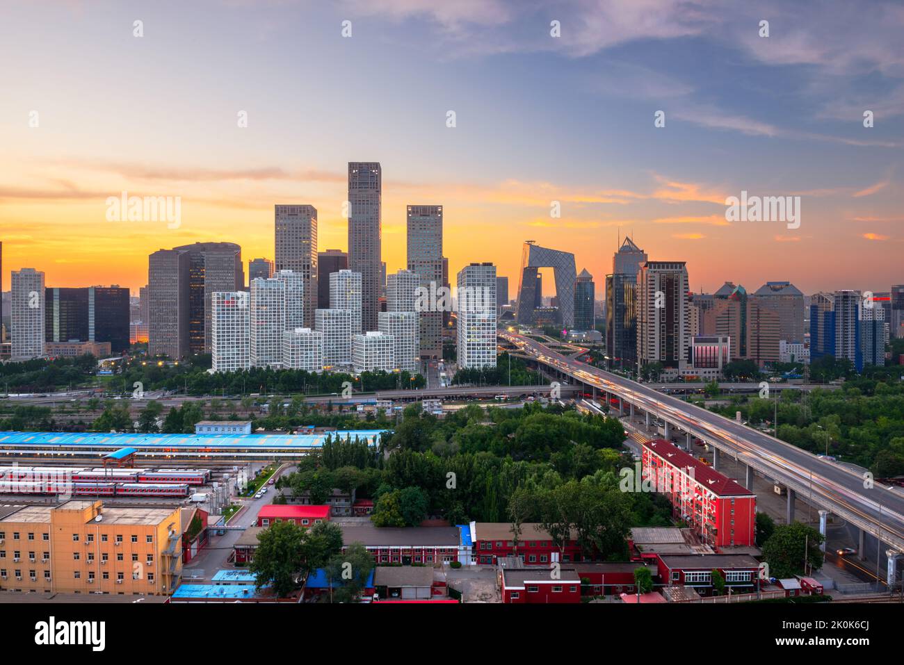 Beijing, China overlooking the central business district skyline at sunset. Stock Photo
