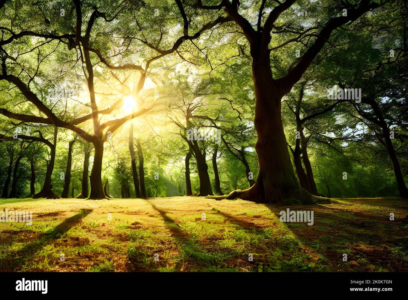 A beautiful shot of the sun shining through a green forest Stock Photo ...