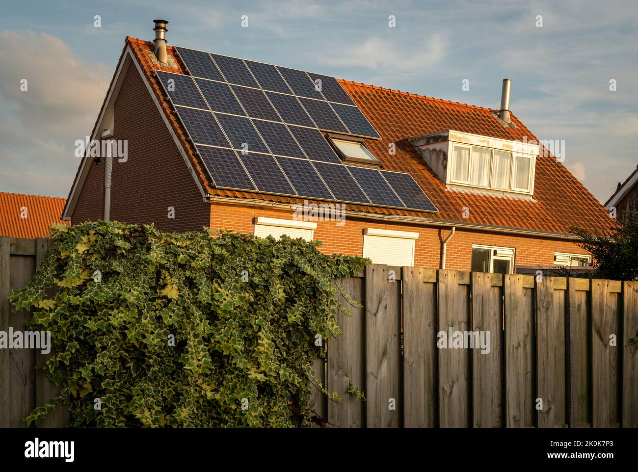 Roof of modern dutch house with solar panels, renewable energy for