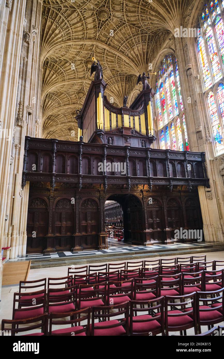 A view of the amazing gold piped, elaborate organ in the middle of King's chapel. At King's