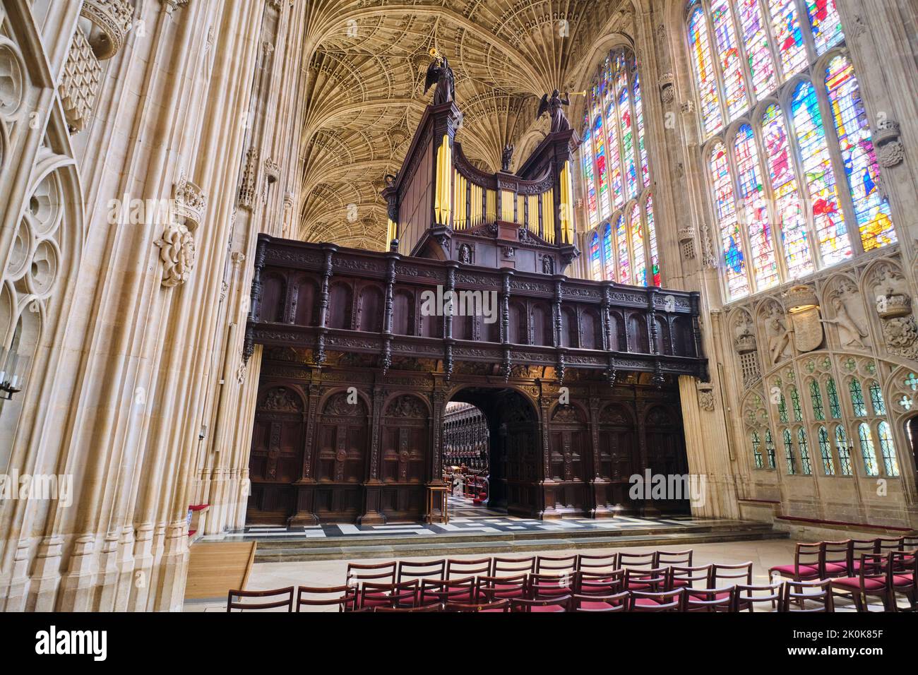 A view of the amazing gold piped, elaborate organ in the middle of King's chapel. At King's