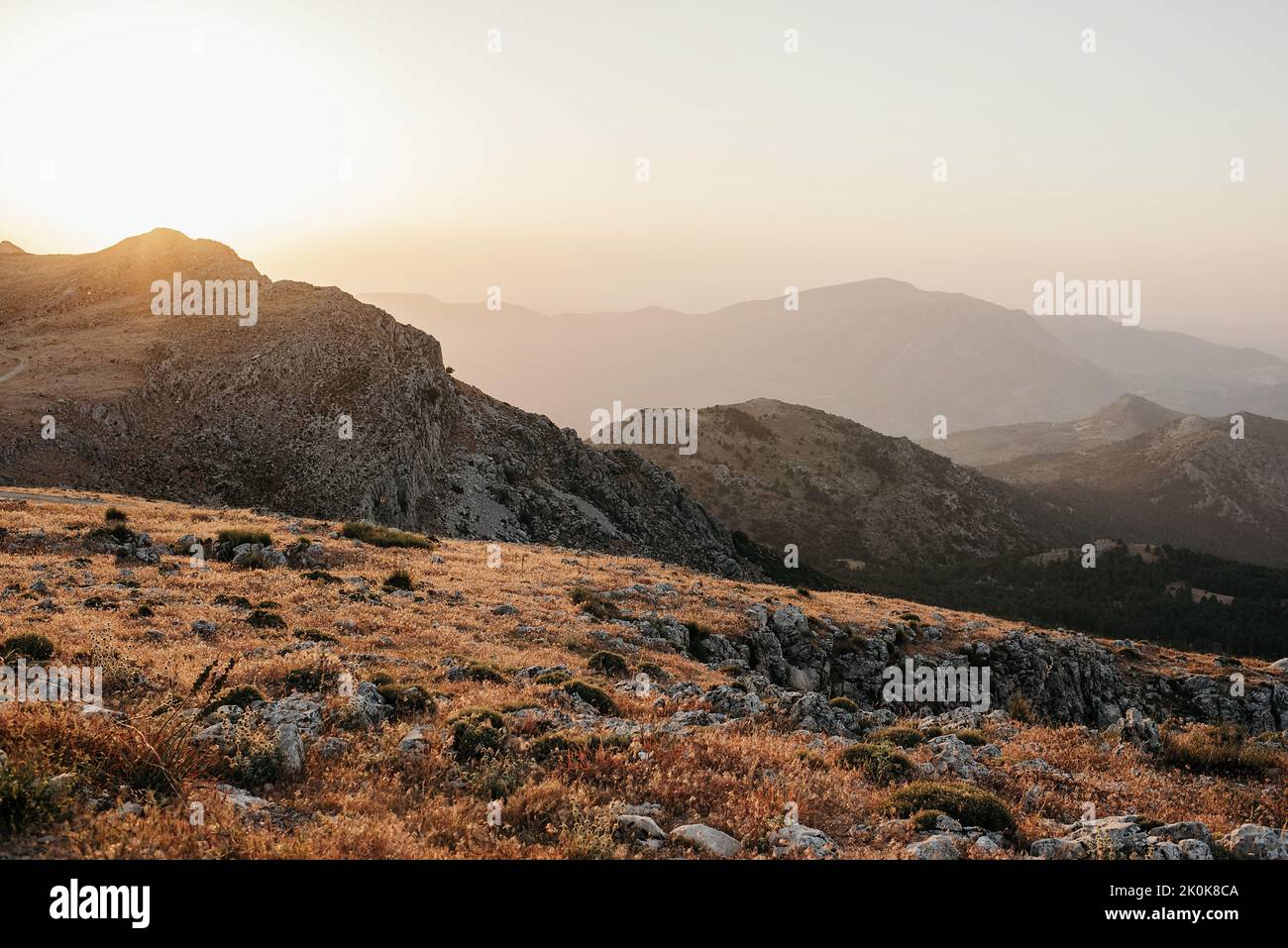 Picturesque landscape of foggy mountain rocky ranges with green dense ...