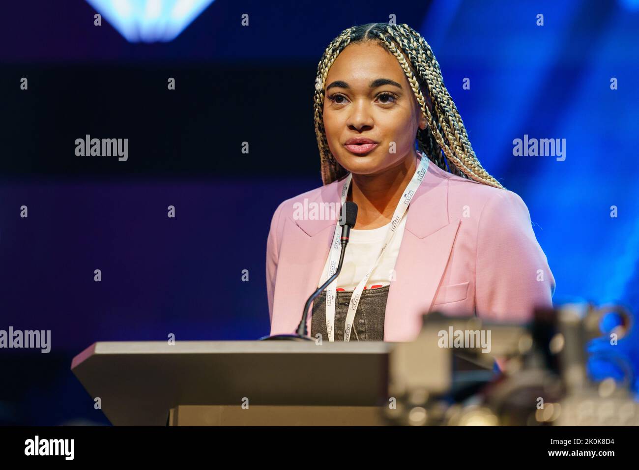 Alice Dearing, Olympian and Gamer gives a speech at The Forum during the Commonwealth Esports Championships at the Birmingham ICC, UK. Credit: Ben Que Stock Photo