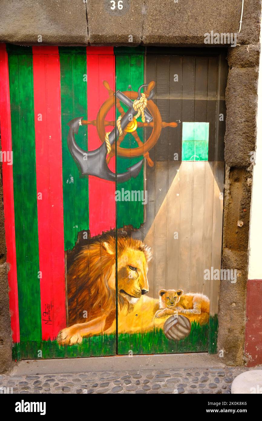 Funchal, Rua da Santa Maria, door paintings, Portugal Stock Photo
