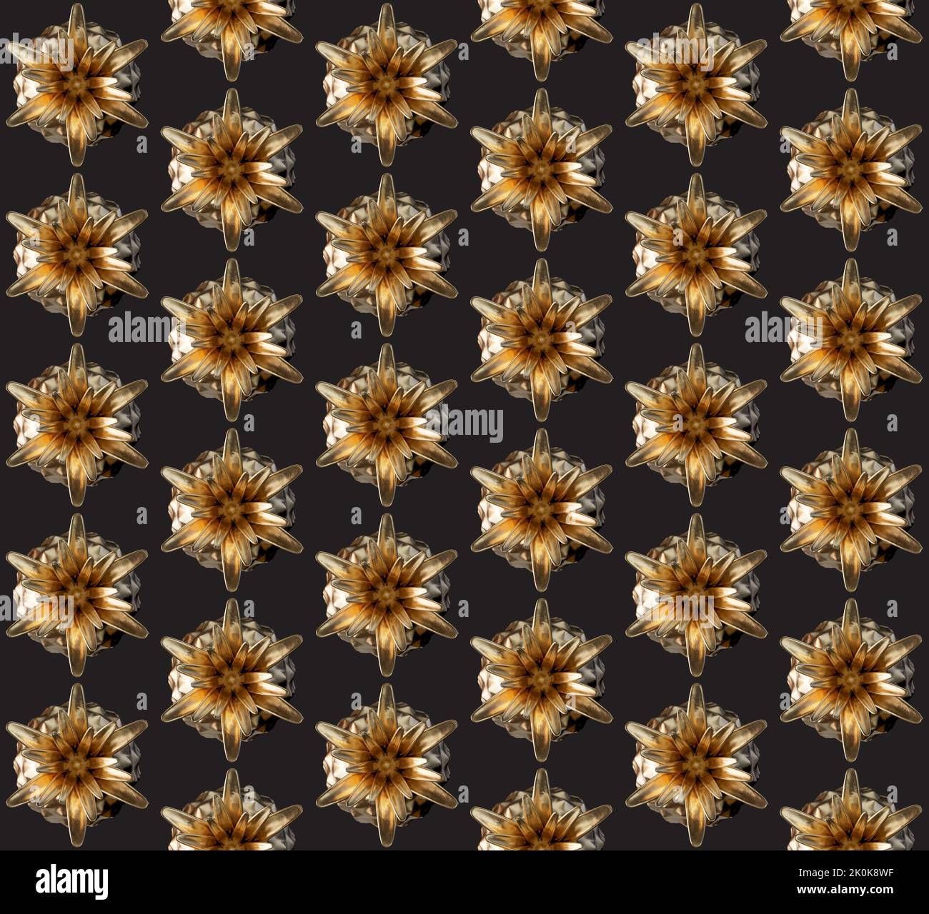 A seamless pattern of pineapples made from solid gold on an isolated background - 3D render Stock Photo
