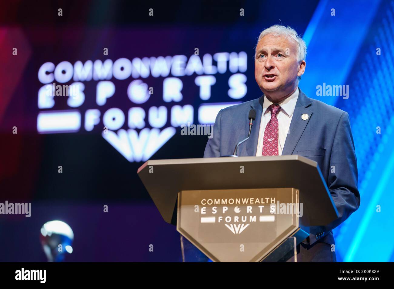 Councillor Ian Ward, Birmingham City Council gives a speech at The Forum during the Commonwealth Esports Championships at the Birmingham ICC, UK. Cred Stock Photo
