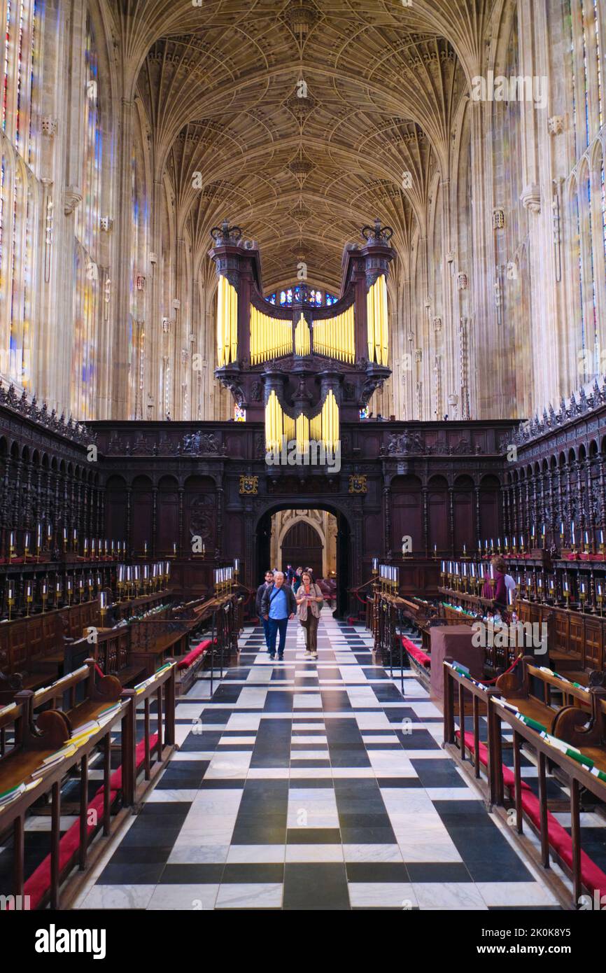 Looking back from the main altar toward the gold pipe organ at King's chapel. At King's college