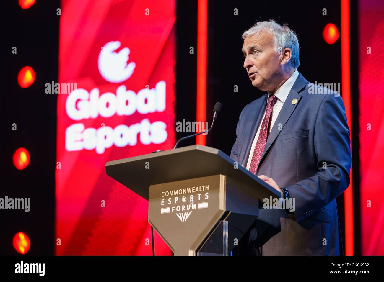 Councillor Ian Ward, Birmingham City Council gives a speech at The Forum during the Commonwealth Esports Championships at the Birmingham ICC, UK. Cred Stock Photo