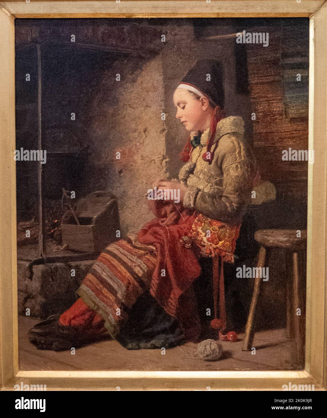Rattvik Girl by ther Fireside by Fredrik Hockert, 1860 Stock Photo