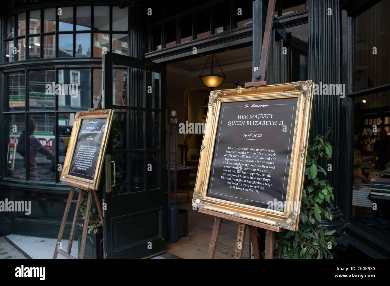 Hatchards book shop on Piccadilly pay tribute in memory of Queen Elizabeth II in London, UK on