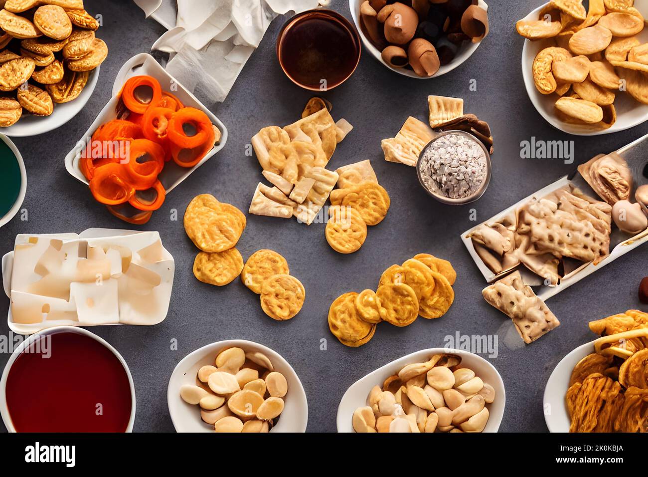 Withtop Snacks A top view of a table with different tasty snacks Stock Photo - Alamy