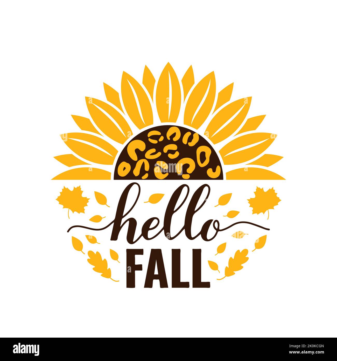 Hello fall round sign with sunflower. Autumn decorations. Vector