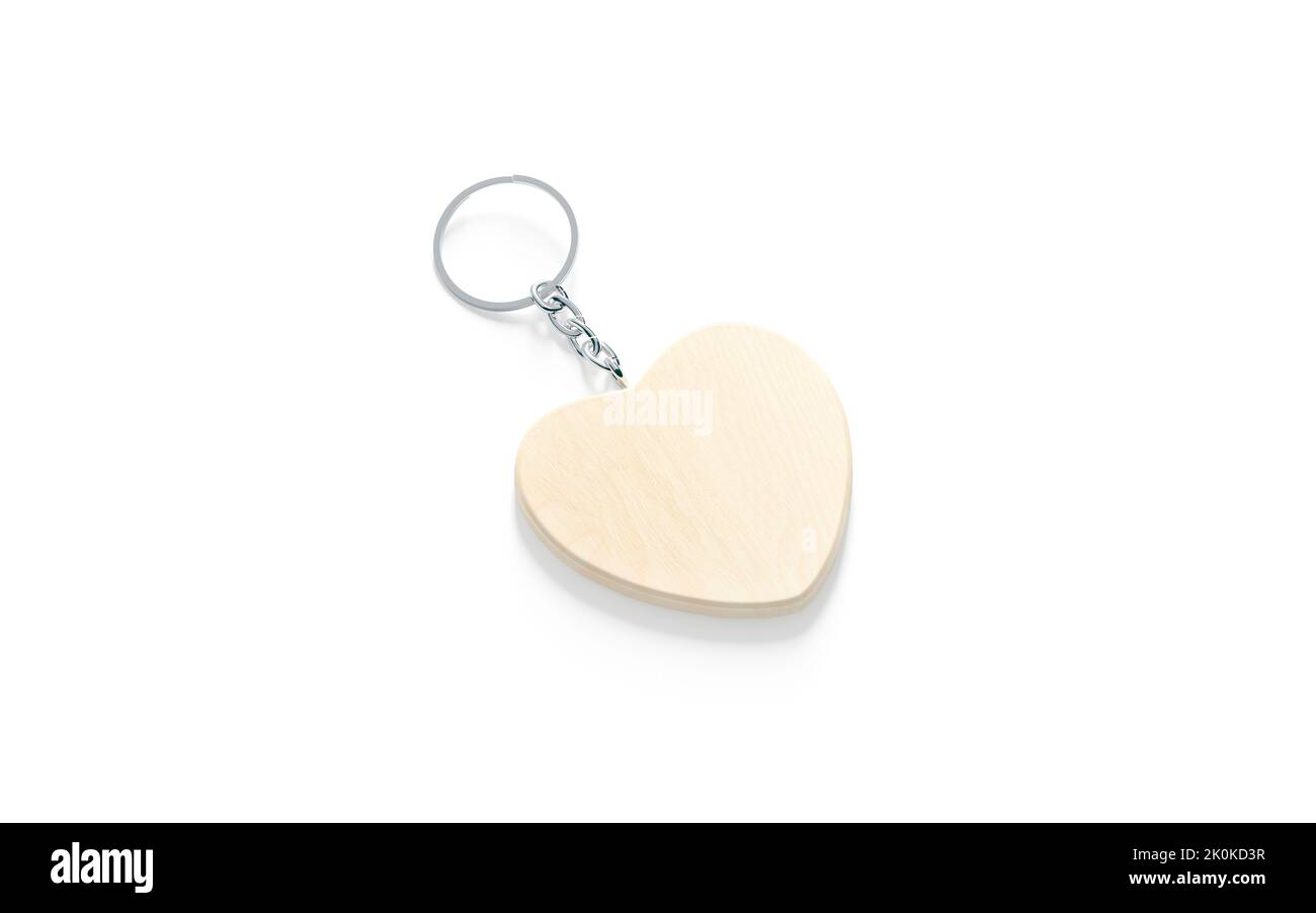 Blank wooden heart tag on chain mockup, side view Stock Photo