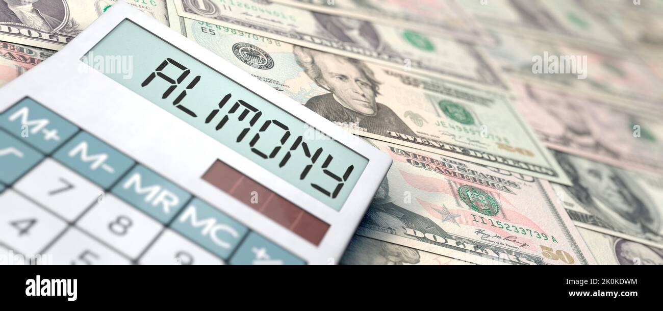 Calculator with word "ALIMONY" on a lot of Dollar banknotes Stock Photo Alamy