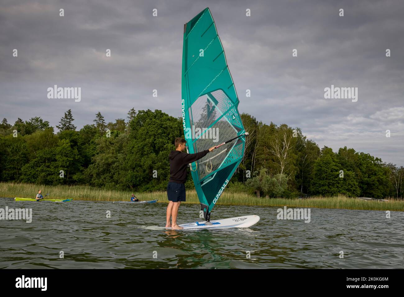 'Surf Hecht' surf school and boat rental in Boek in the popular vacation region Müritz in Mecklenburg Vorpommern in East Germany is located between Berlin and the Baltic Sea. Stock Photo