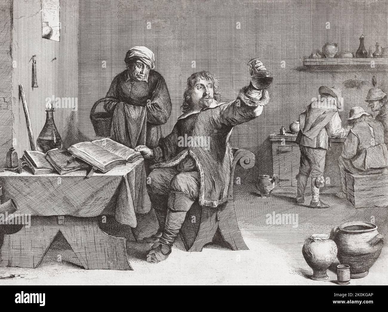 A 17th century European doctor examines a flask of urine from an elderly female patient.  After a 17th century print by Quirin Boel after the painting by David Teniers. Stock Photo