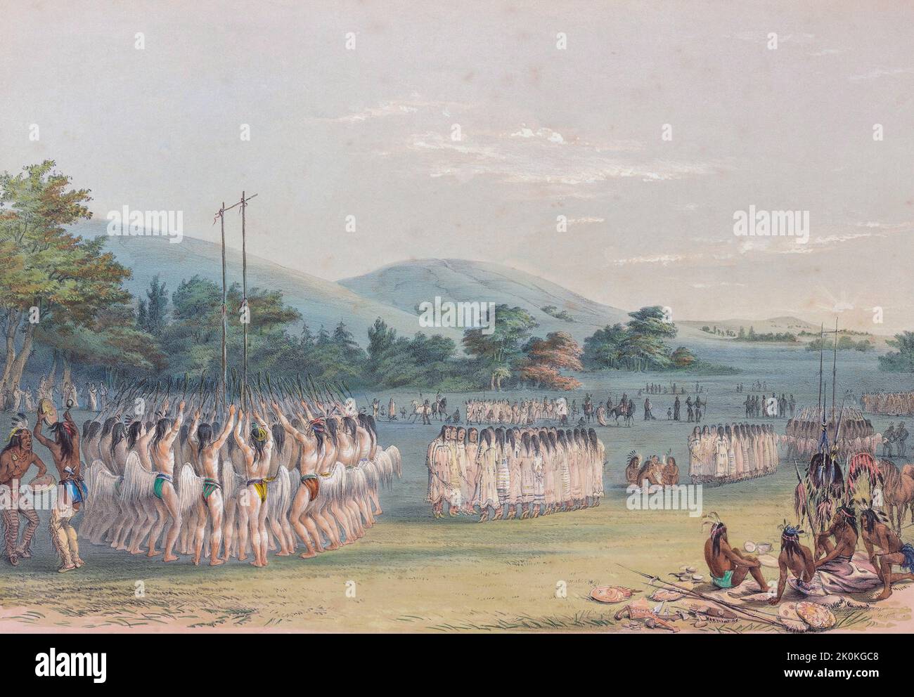 A Choctaw Ball Play Dance.  From Catlin's North American Indian Portfolio, published in London 1844 by the artist, American adventurer George Catlin, 1796 - 1872.  During many journeys Catlin recorded with pen and brush the customs and life-styles of Native American tribes. Stock Photo