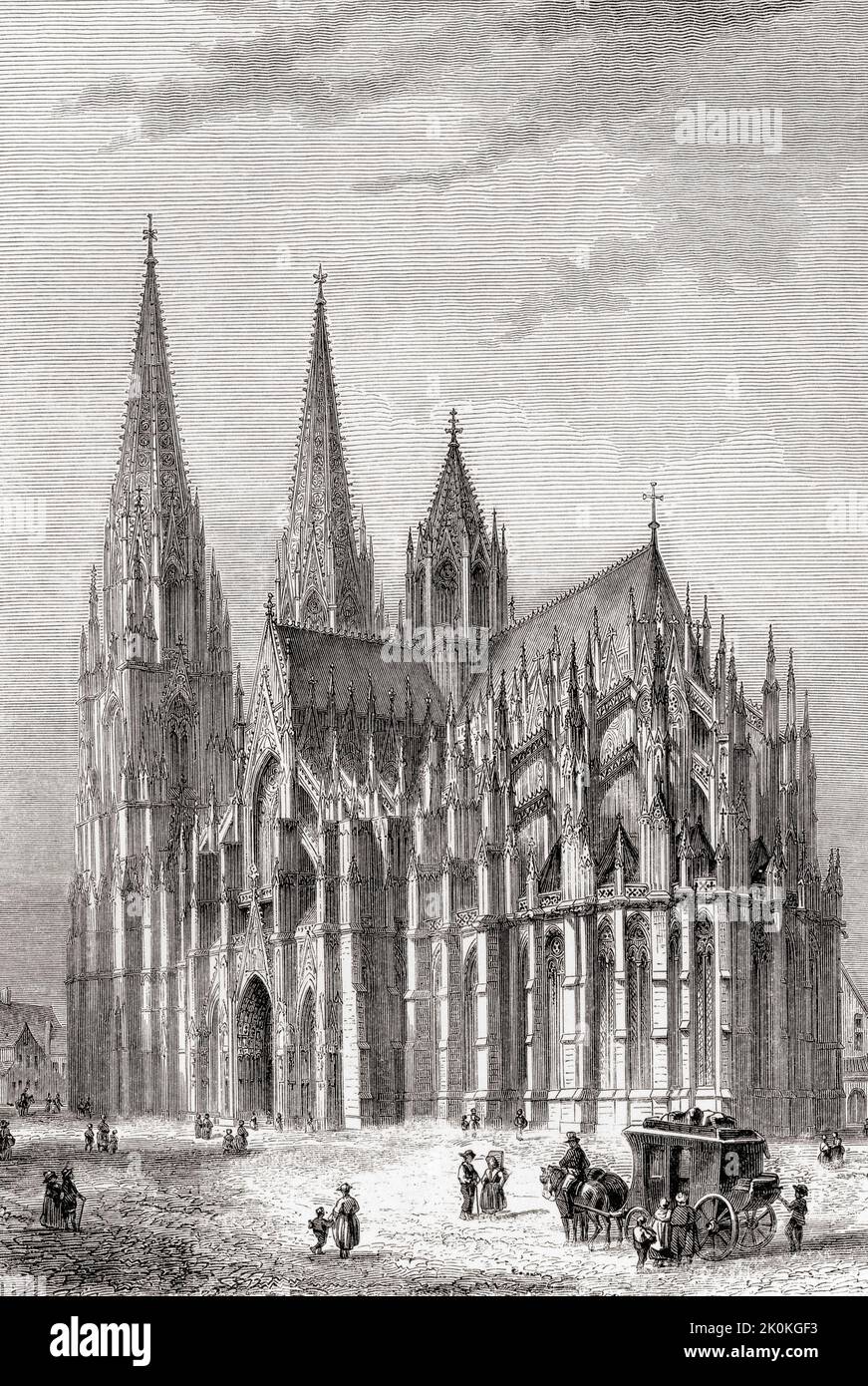 Cologne Cathedral, Cologne, North Rhine-Westphalia, Germany, seen here in the 19th century. Of Gothic architecture, consruction of the cathedral started in 1248 but was halted around 1560, work resumed again in 1842 until 1880, restoration began in the 1950's after the cathedral suffered damage by aerial bombs during World War II. From Les Plus Belles Eglises du Monde, published 1861. Stock Photo