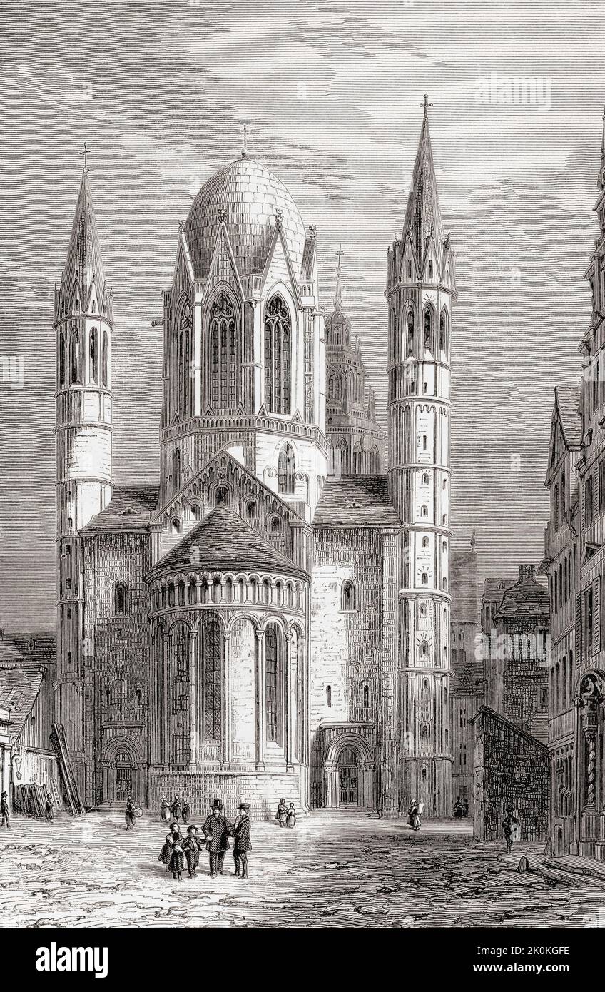 Mainz Cathedral or St. Martin's Cathedral, Mainz, Germany, seen here in the 19th century.  Built between 975 and 1009, it is of mainly Romanesque architecture, with Gothic chapels and bell towers and a Baroque roof which were added later.  From Les Plus Belles Eglises du Monde, published 1861. Stock Photo