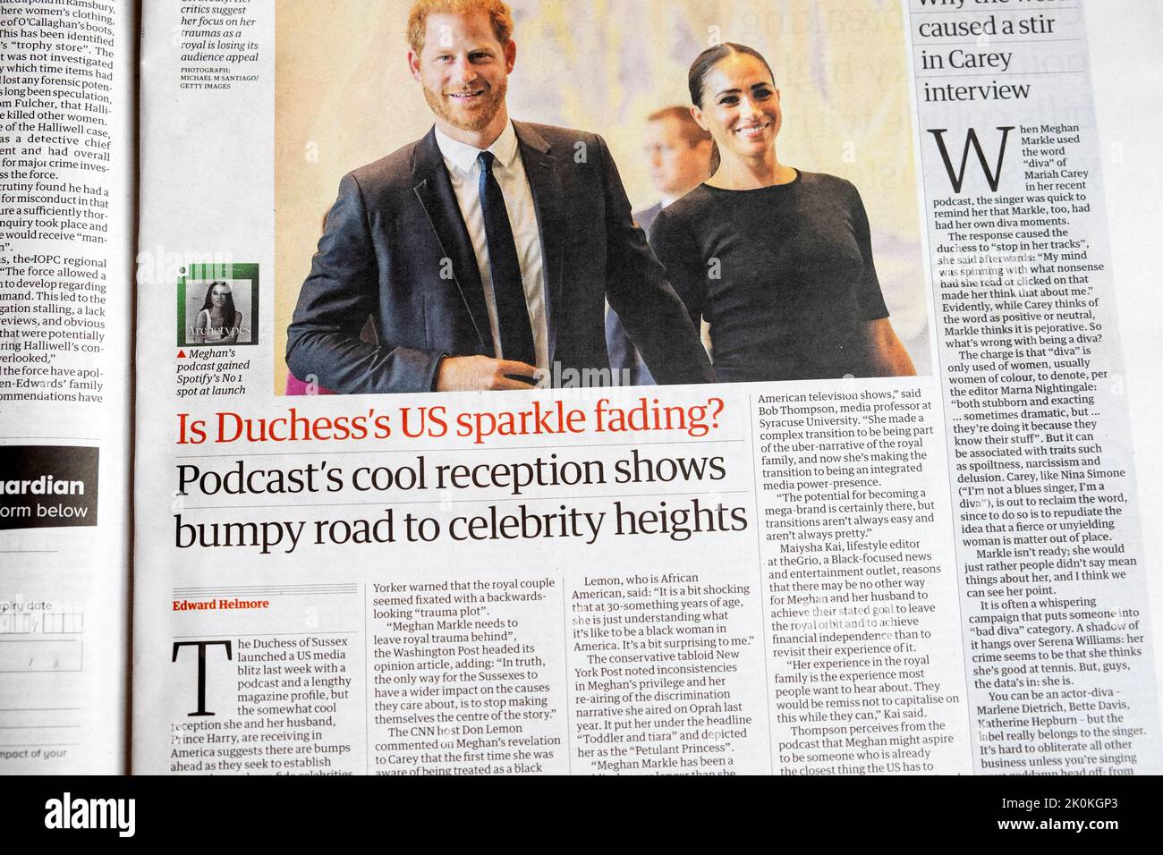'Is Duchess's US sparkle fading? Podcast 's cool reception shows bumpy road to celebrity heights' Harry Meghan newspaper headline 3 September 2022 UK Stock Photo