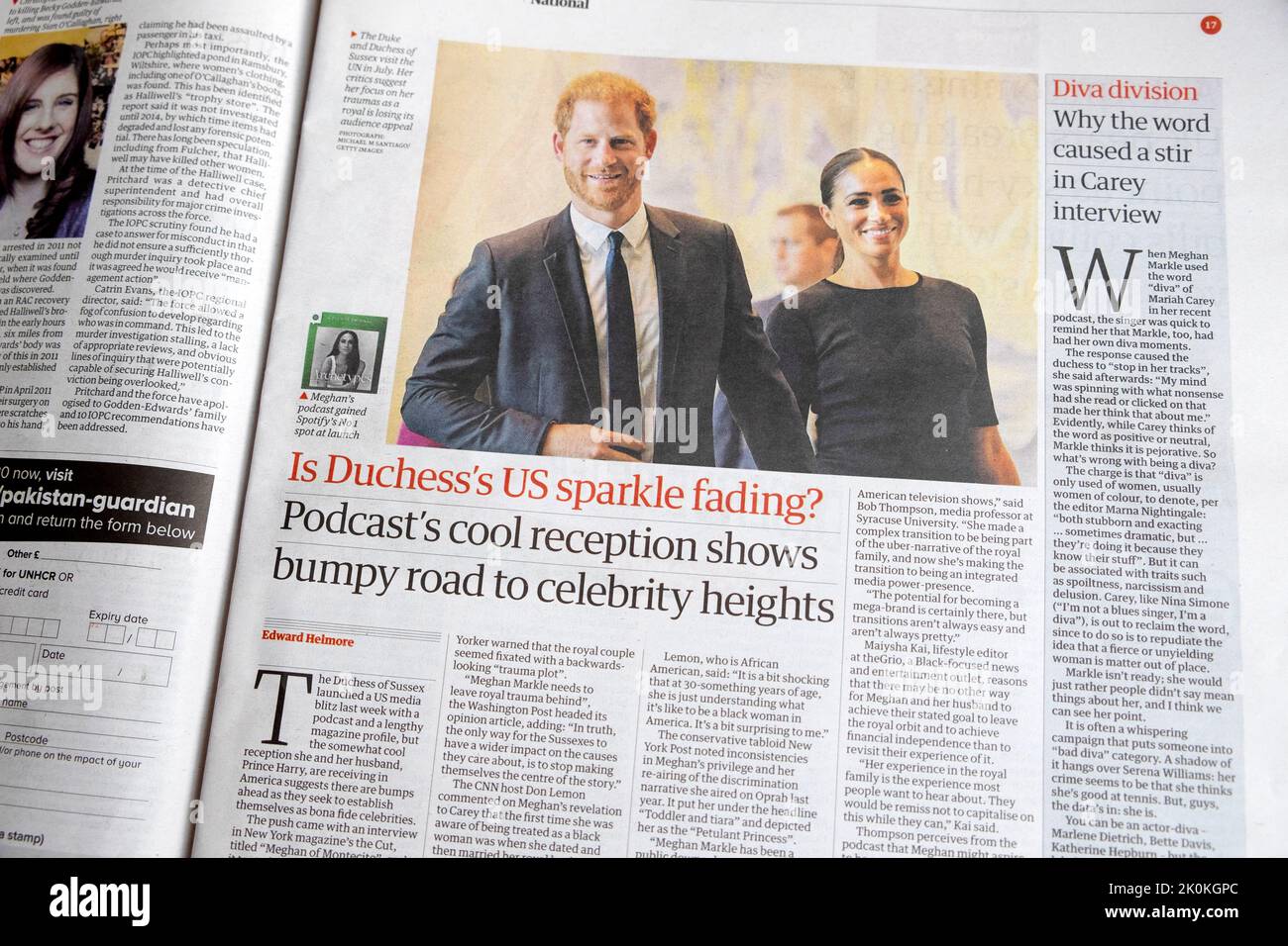 'Is Duchess's US sparkle fading? Podcast 's cool reception shows bumpy road to celebrity heights' Harry Meghan newspaper headline 3 September 2022 UK Stock Photo