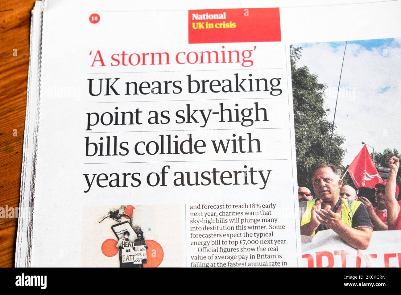 'UK nears breaking point as sky-high bills collide with years of austerity'  newspaper headline cost of living energy crisis 3 September 2022 UK Stock Photo
