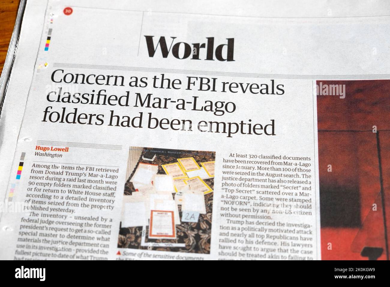 'Concern as the FBI reveals classified Mar-a-Lago folders had been emptied' Guardian newspaper headline Donald Trump investigation 3 September 2022 UK Stock Photo