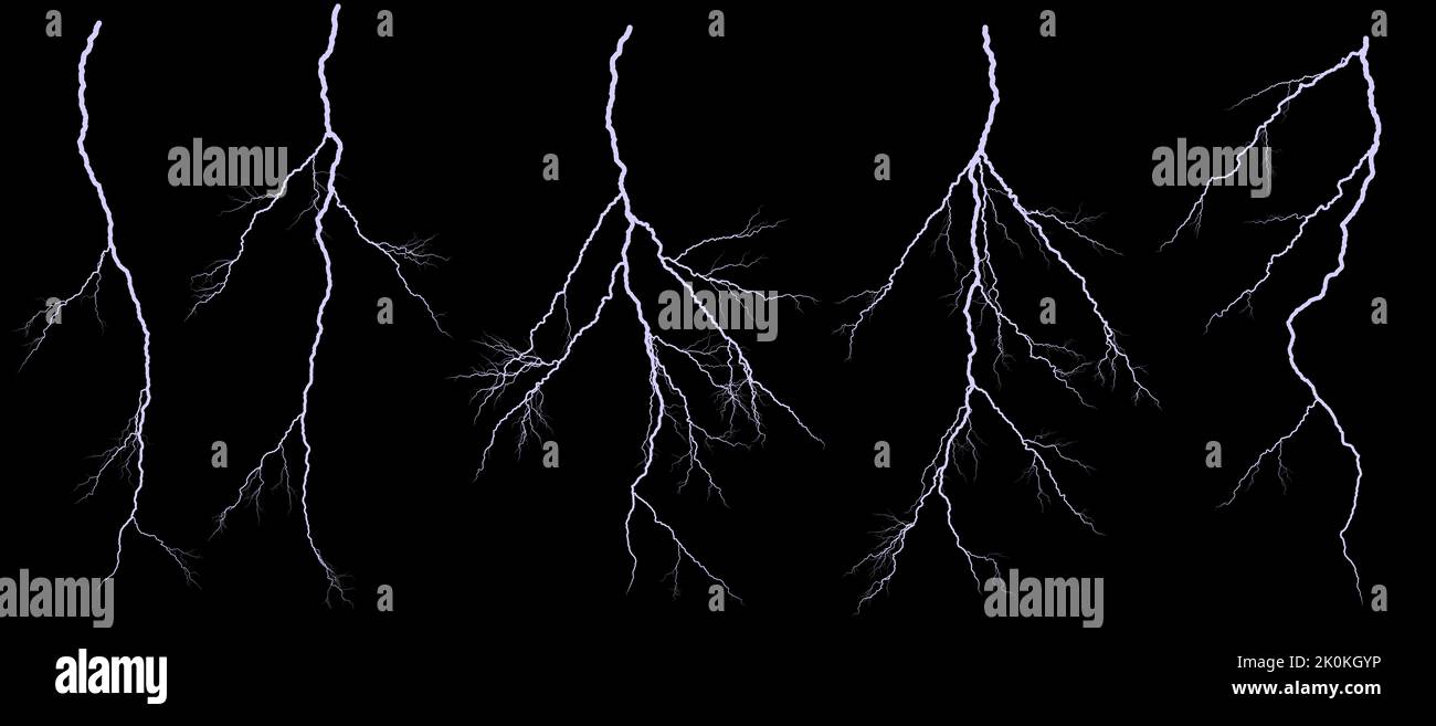 Set of different lightning bolts isolated on black background Stock ...