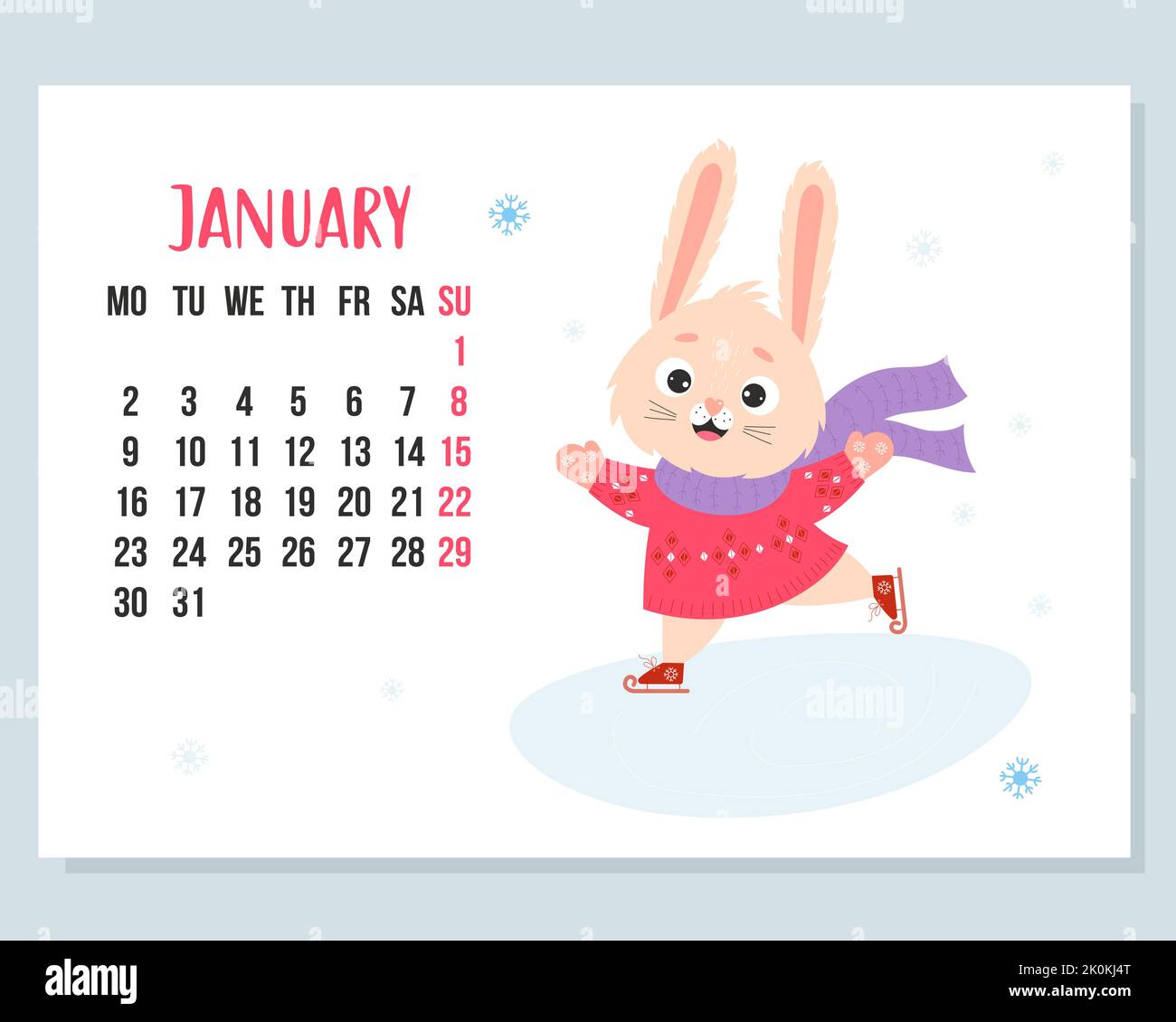 January 2023 calendar. Cute winter bunny in knitted clothes is skating ...