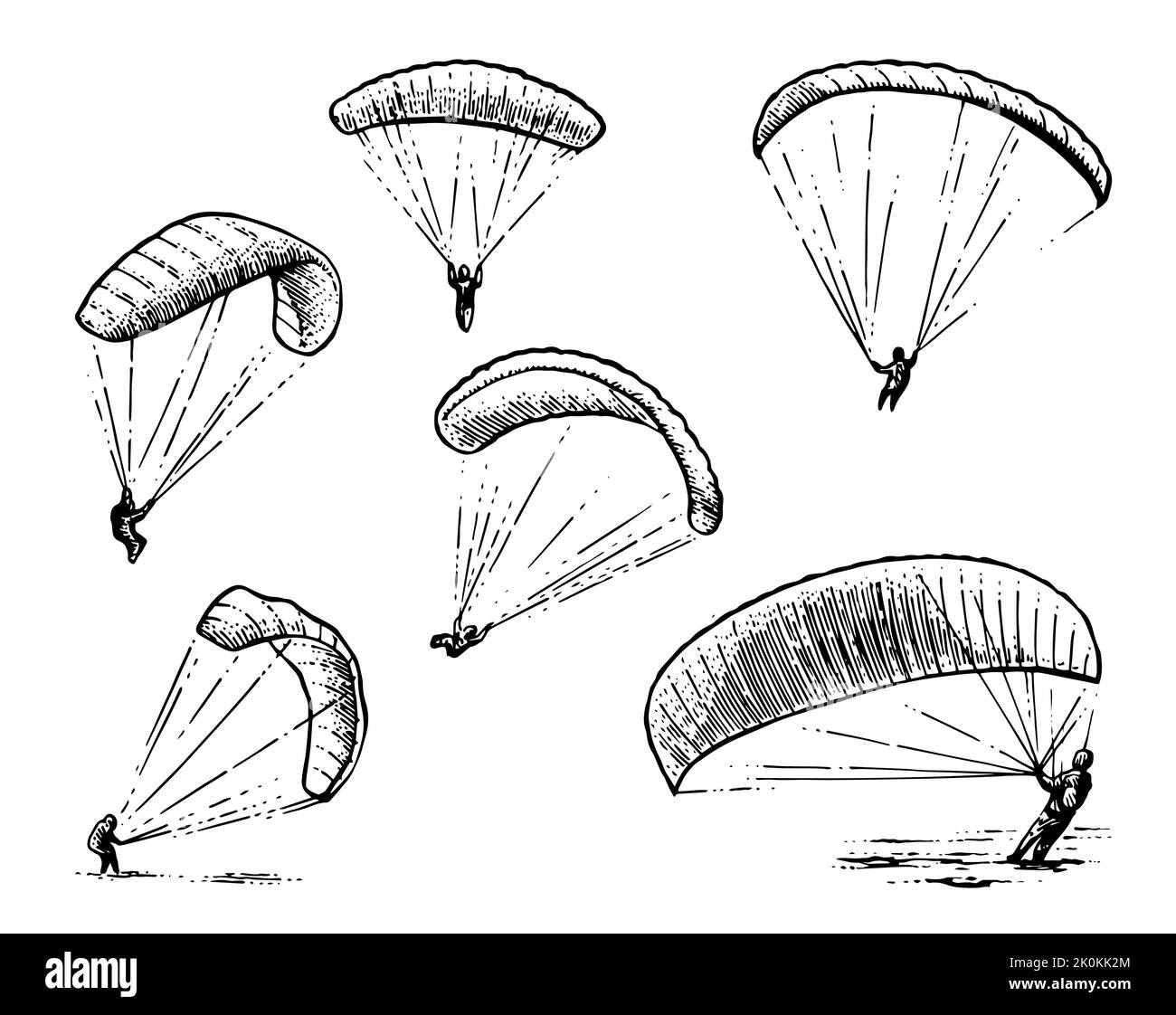 Set of Parachute paraglider. Air extreme sport. Controlled high altitude flight. Hand drawn outline sketch. Isolated on white background. Vector Stock Vector
