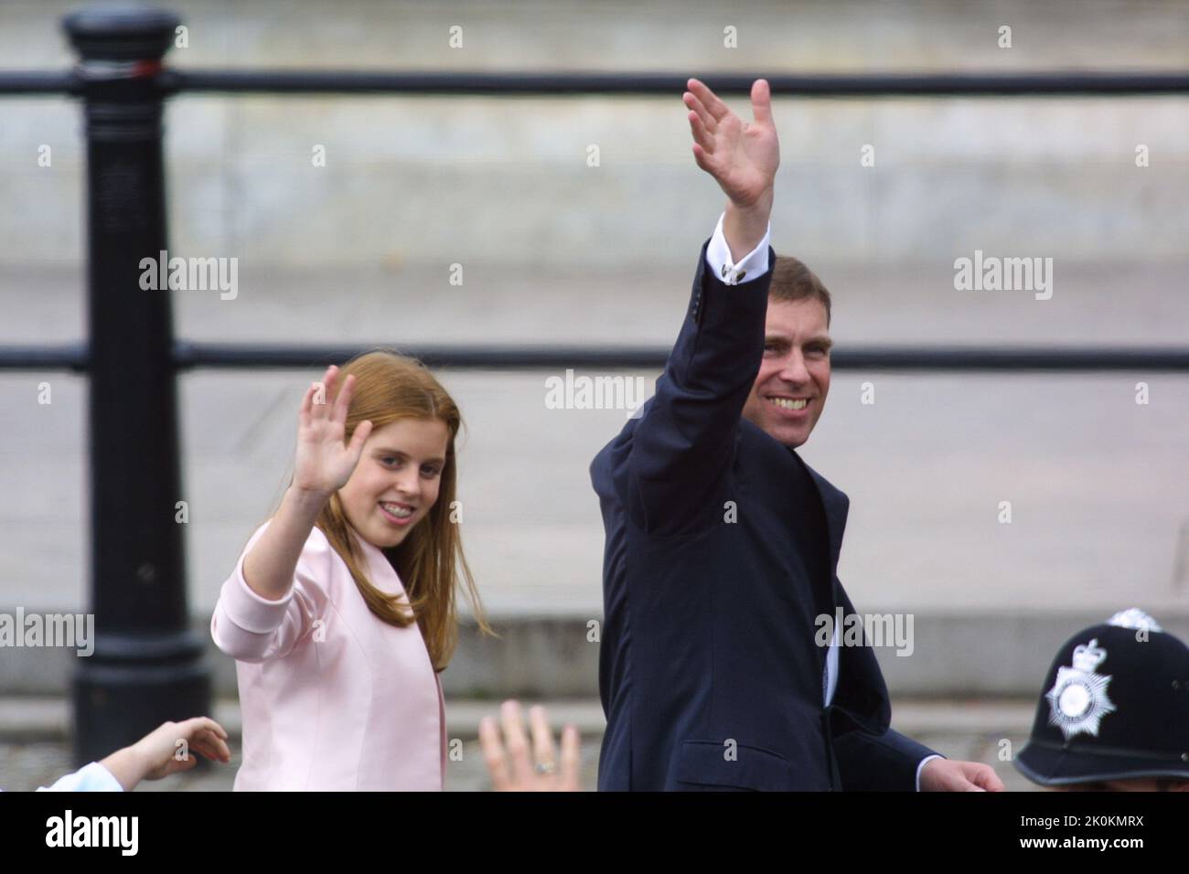 4th June 2002 - Prince Andrew and Princess Beatrice waving at the public at Golden Jubilee of Queen Elizabeth II in The Mall in London Stock Photo