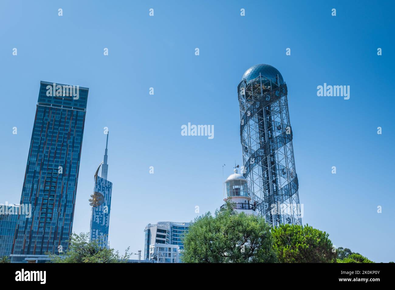 Alphabetic Tower in Batumi. Batumi cityscape with the iconic Alphabet tower and skyscrapers in summer. Stock Photo