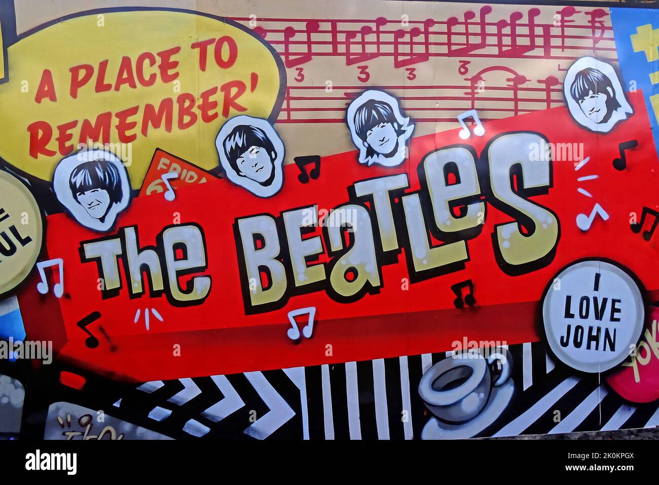 Graphic at Penny Lane, Liverpool, Merseyside - The Beatles, A place to remember, I Love John Stock Photo