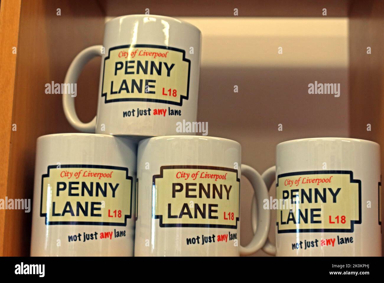 The Beatles, Penny Lane mugs in a gift shop as souvenir, from Penny Lane, Liverpool , Merseyside, England, UK, L18 1DE Stock Photo