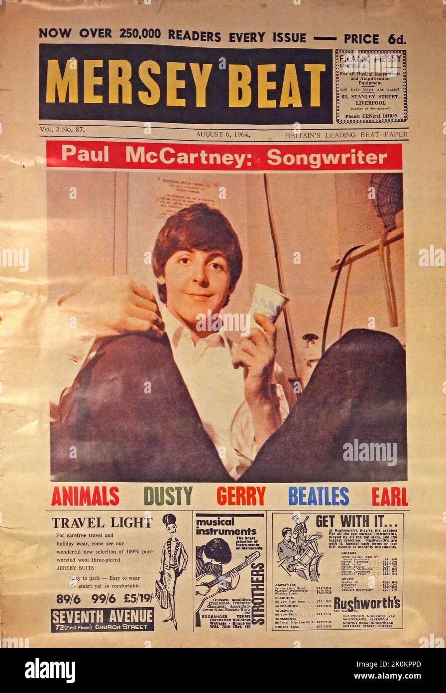 Paul McCartney songwriter, on the cover of the Mersey Beat magazine, 06-Aug-1964 by Bill Harry Stock Photo