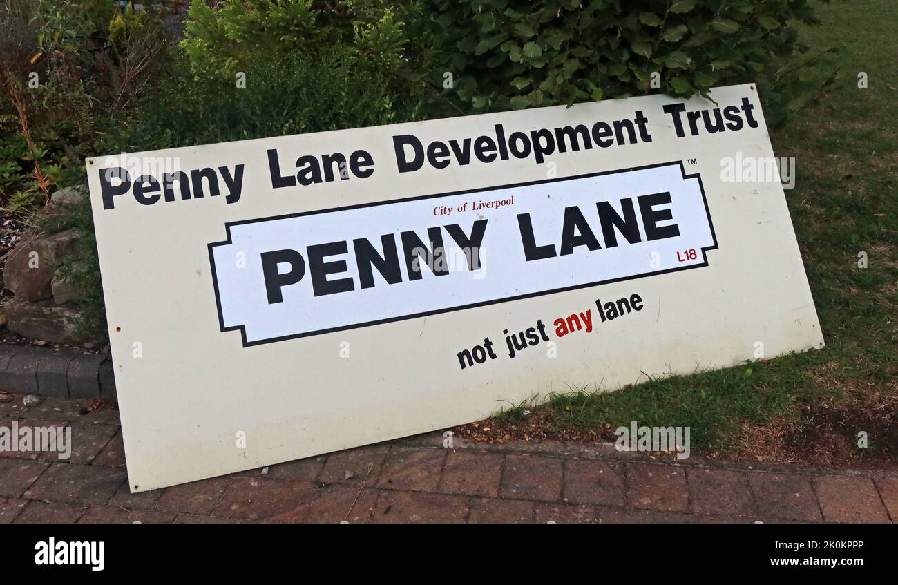 Penny Lane, development trust sign, City of Liverpool, Not just any lane - made famous by the Beatles Stock Photo