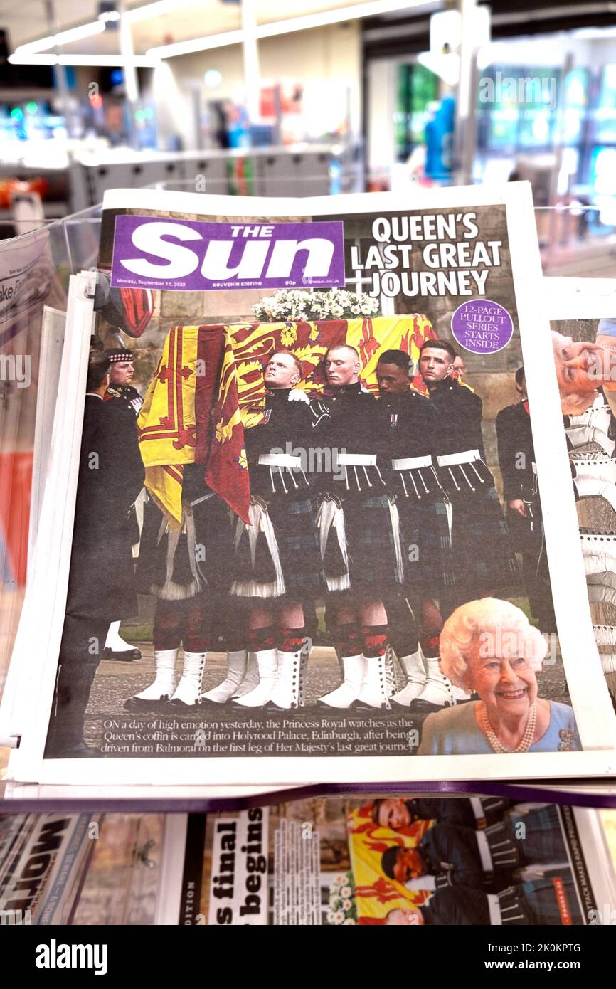 'Queen's Last Great Journey' The Sun newspaper headline Queen Elizabeth coffin pallbearers front page on 12 September 2022 UK Stock Photo