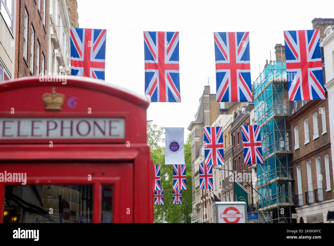 Union flag decorations are seen in Mayfair, London ahead of the