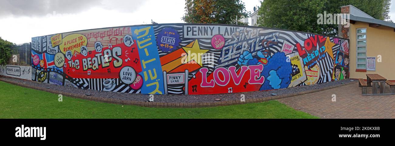Penny Lane Beatles art wall panorama, PLDT, Penny Lane Development Trust, 70 Penny Ln, Liverpool, Merseyside, England, UK,  L18 1BW Stock Photo