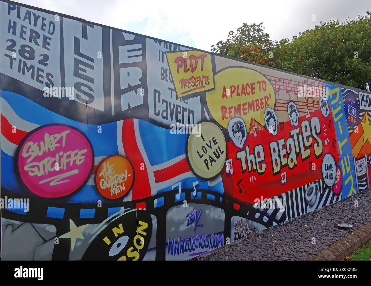 Penny Lane Beatles art wall, PLDT, Penny Lane Development Trust, 70 Penny Ln, Liverpool, Merseyside, England, UK,  L18 1BW Stock Photo